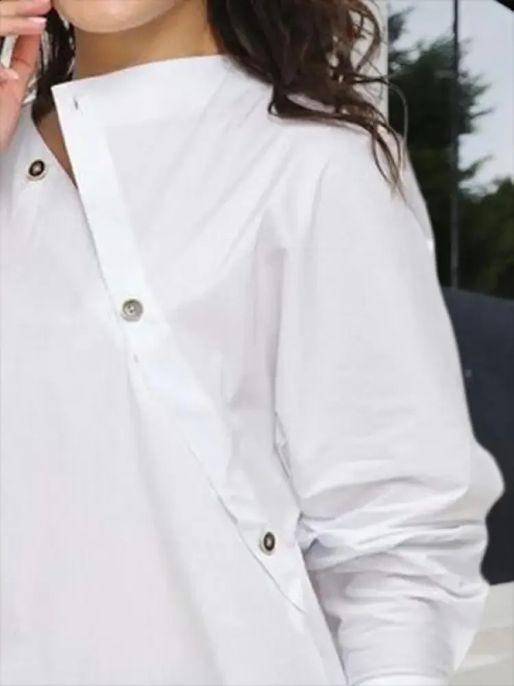 Lemongor Female Fashion Personality Buttoned Asymmetric White Blouses Spring Autumn Long Sleeves Casual Shirts Tops 240823