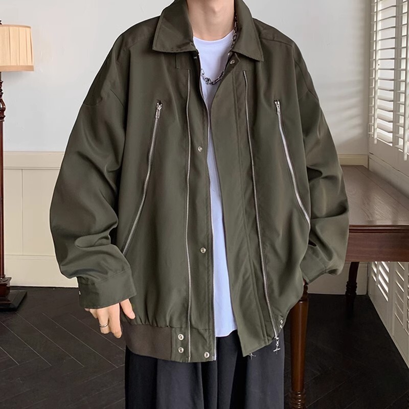 American Functional Style Pilot Jacket Mens Spring and Autumn New Zipper Jacket Loose Trendy Style Workwear Baseball Uniform