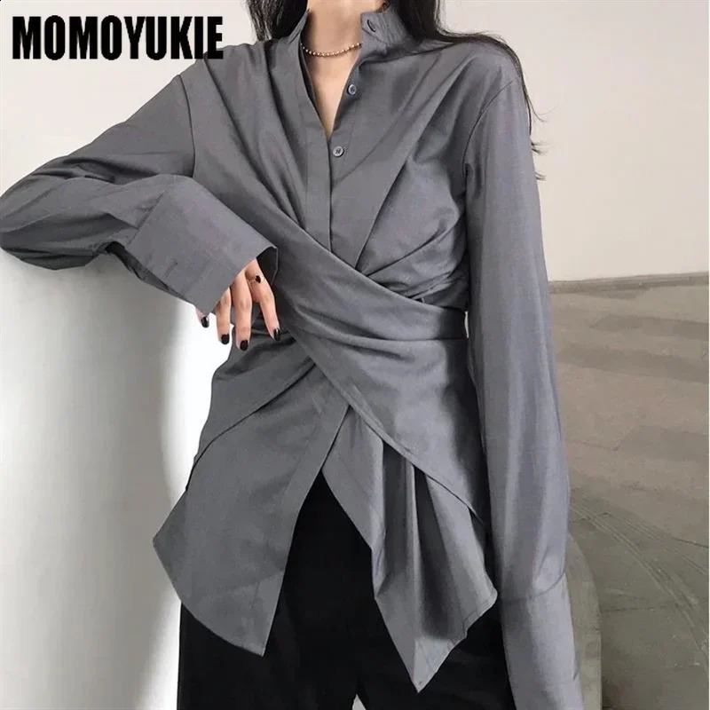Spring Korean Style Stand Collar Shirts Elegant Long Sleeve Fashionable Solid Chic Slim Irregular Casual Feminino Tops 240823