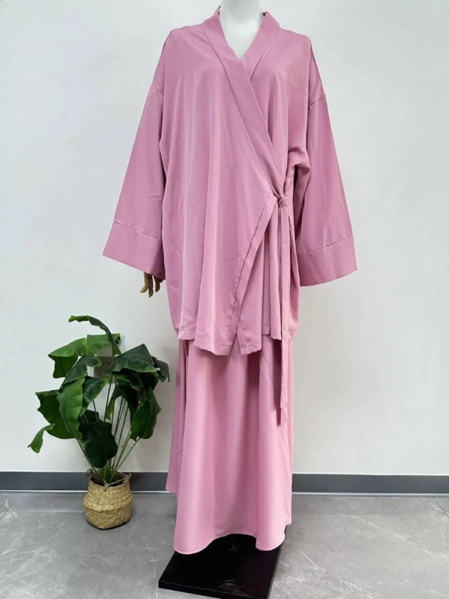 Eid Muslim Women Two Piece Set Kaftan Islam Lace Up Tops Skirt Suits Morocco Ensembles Abaya Turkey Ramadan Modest Outfits 240823