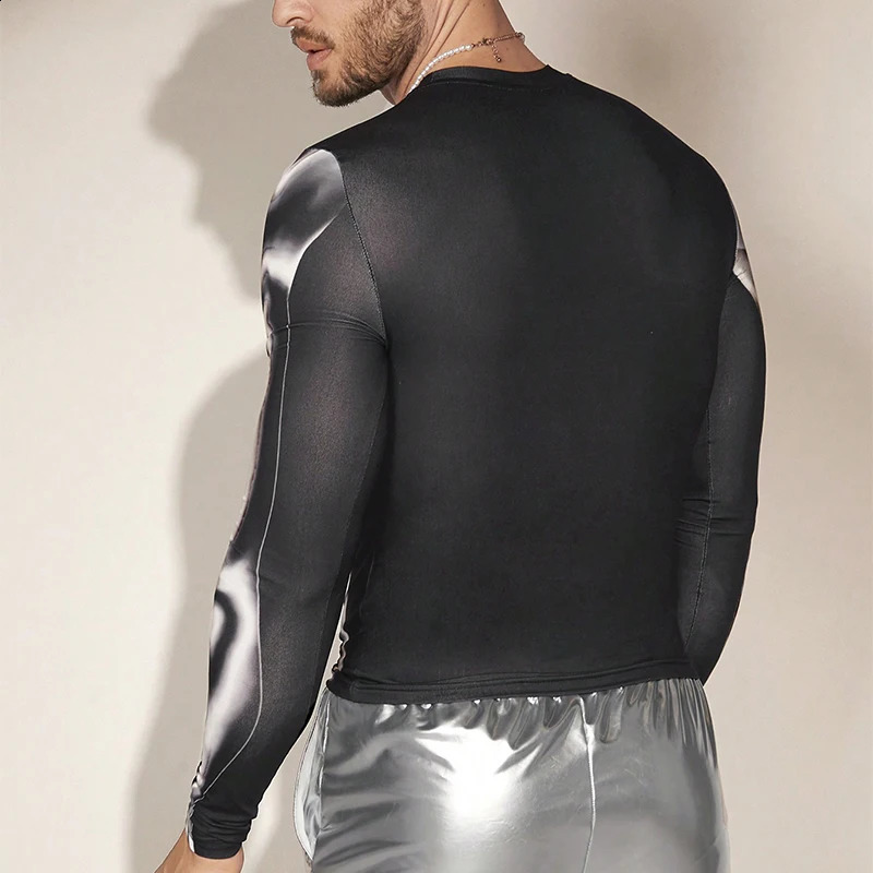 Y2K Mens T Shirts Sexy Elastic Slim Long Sleeve O Neck Bottoming T-shirt Men Fall Fashionable Muscle Print Tops Streetwear 240823