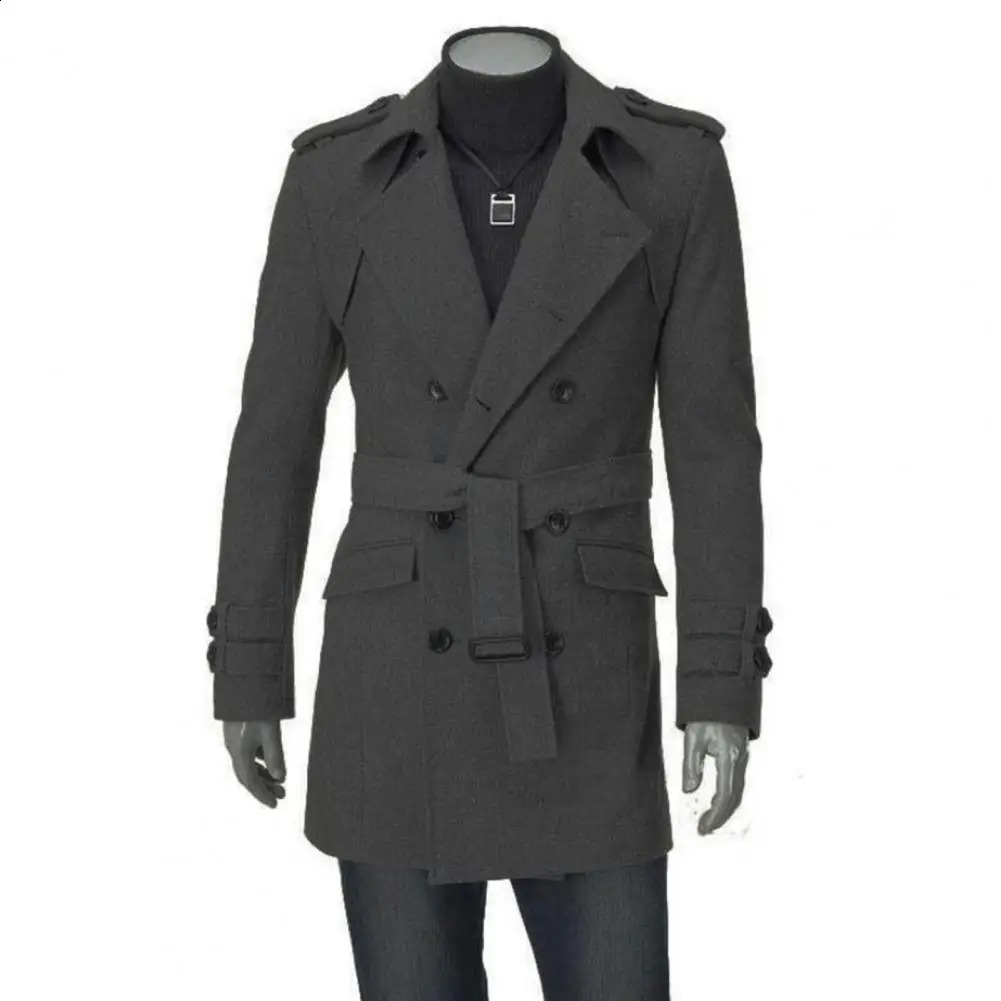 Men Fall Winter Trench Coat Long Sleeve Solid Color Lapel Double-breasted Belted Notch Collar Mid Length Men Jacket Windbreaker 240822