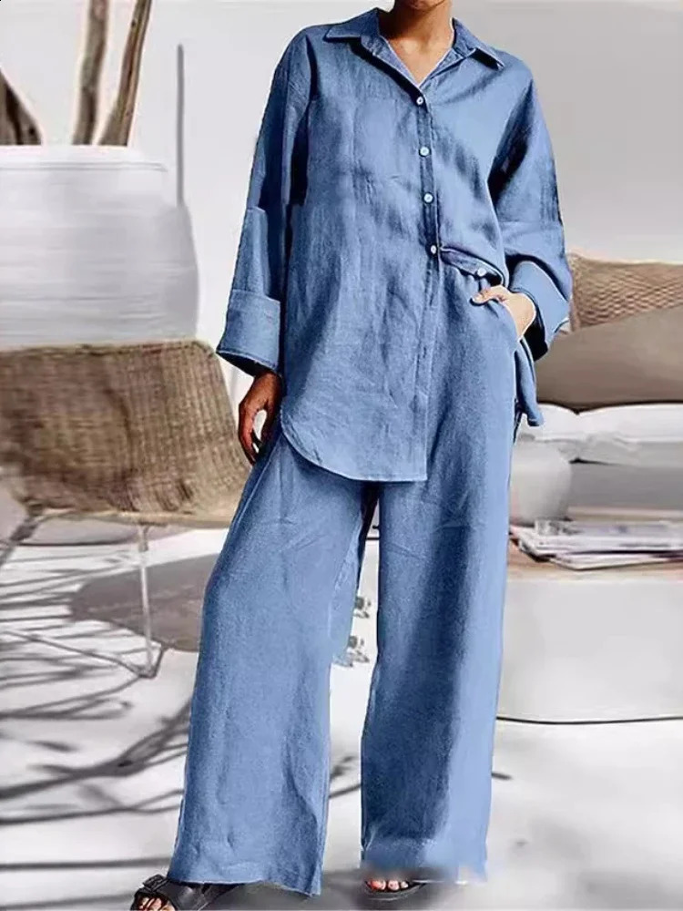 2024 Summer Womens Solid Color New Set Cotton Hemp Rope Collar Fashion Long Sleeve Shirt High Waist Wide Leg Pants Two Piece Set 240823