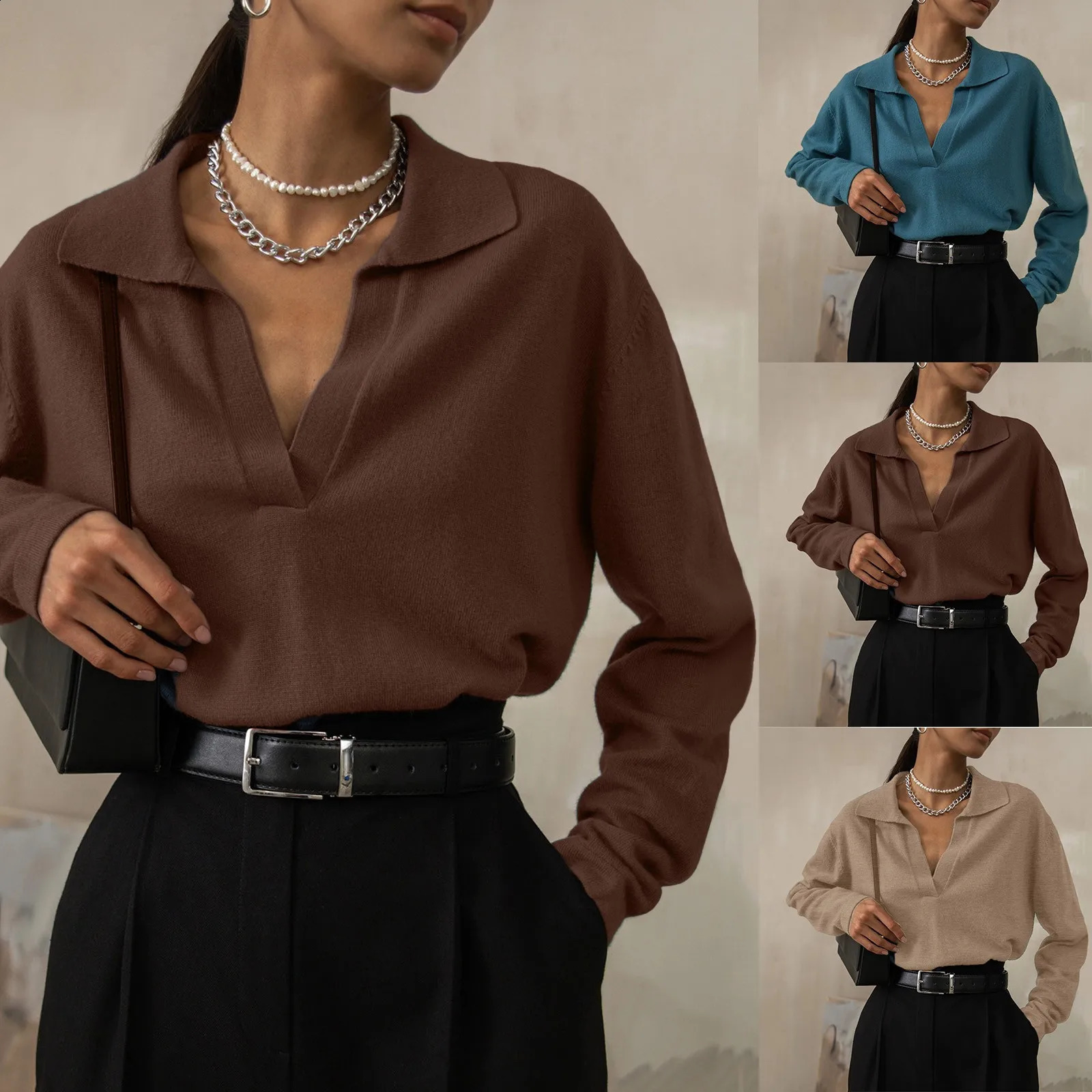 Spring and autumn vintage womens shirt Y2k Vneck pocket zipper sweater long sleeved Tshirt solid color office top 240822