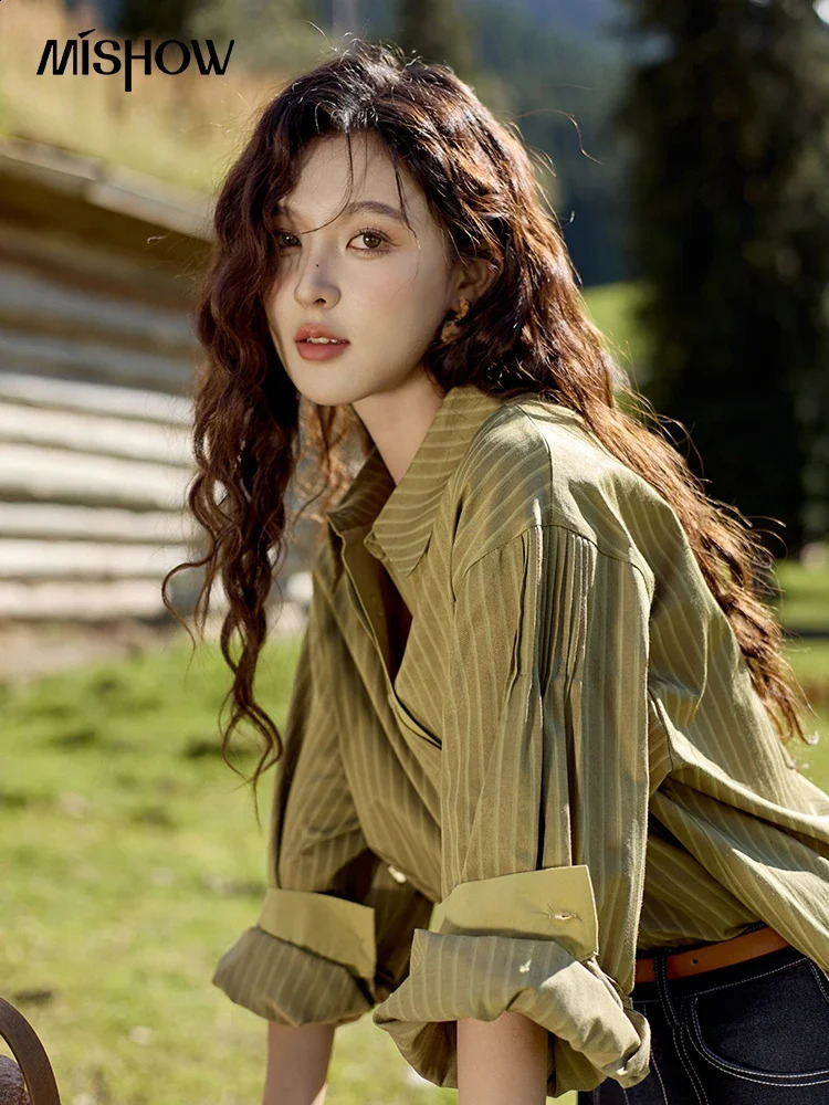 MISHOW Striped Casual Shirt for Women Autumn Retro Lapel Long Sleeve Top Contrasting Cuffs Shirts Office Lady MXD42C0301 240823