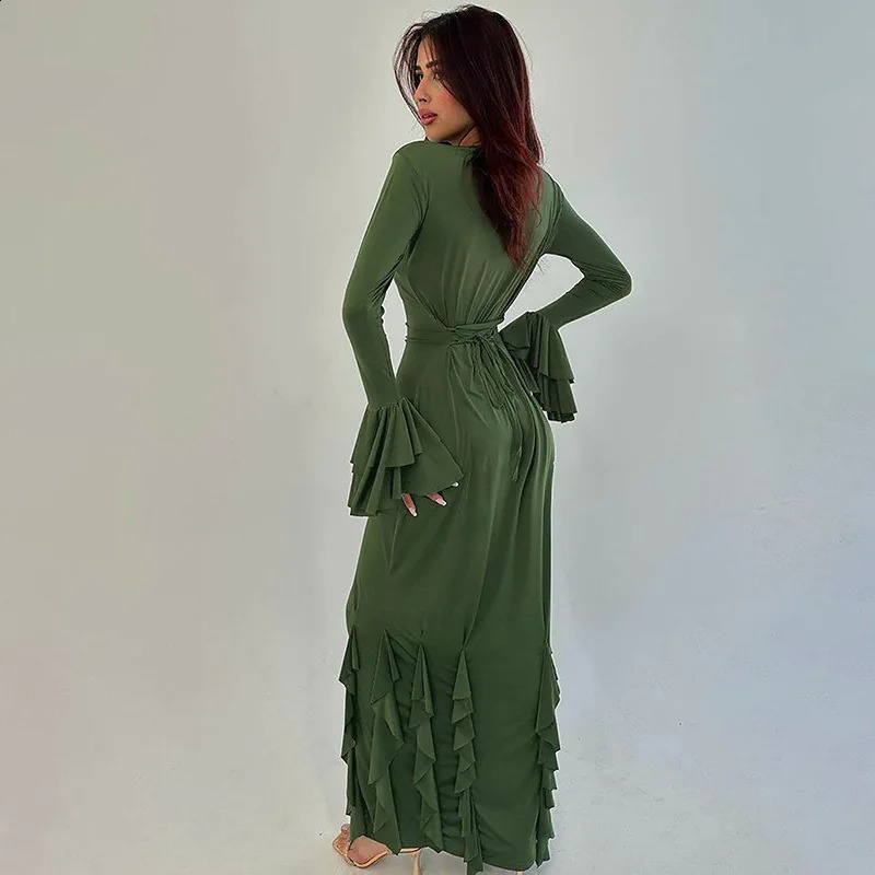 Elegant Ruffles Maxi Dresses for Women Fashion Lace-up Long Sleeve Bodycon Dress Autumn Lady O-neck Evening Party Dress 240823
