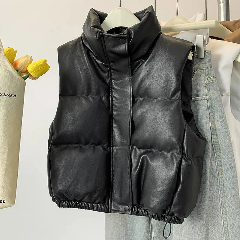 Winter Women Fashion Thick Warm Faux Leather Cropped Padded Waistcoat High Neck PU Vest Female Outerwear Chic Tops 240822