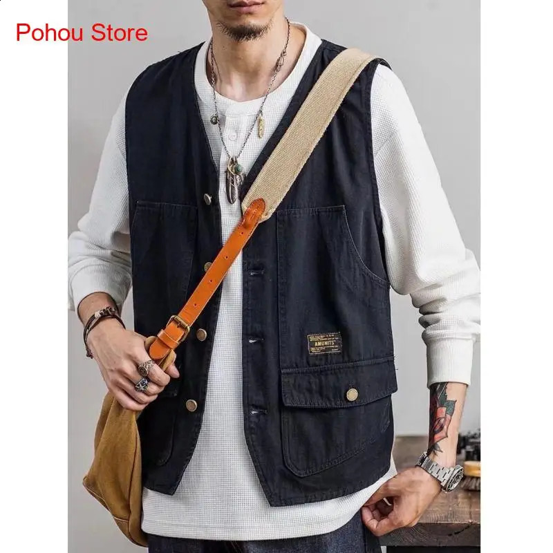Summer Retro Loose and Thin Japanese Multi Pocket Workwear Sleeveless Vest Men 240822