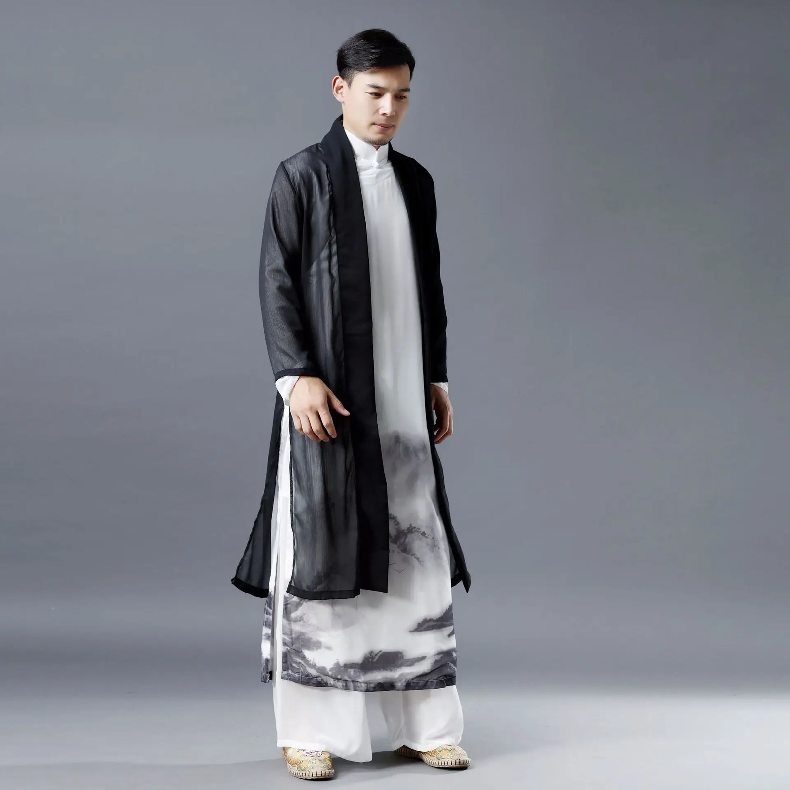 Summer National Style Fashion Chiffon Long Trench Coat Men Side Slit Ultrathin Breathable Black Linen Cardigan Jacket 240822