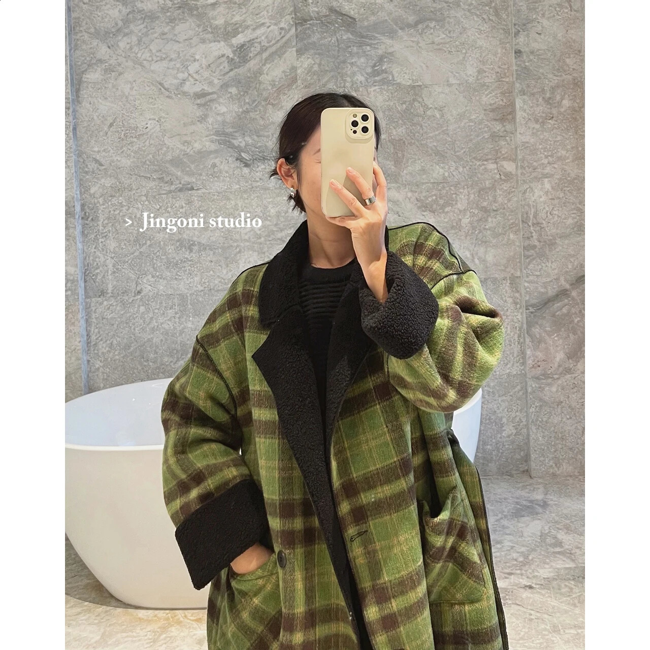 Woman Oem Plaid Woolen Tweed Fur Teddy Reversible Blazers Long Jackets Coats Clothes Korean Fashion Tops Winter Trench 240822