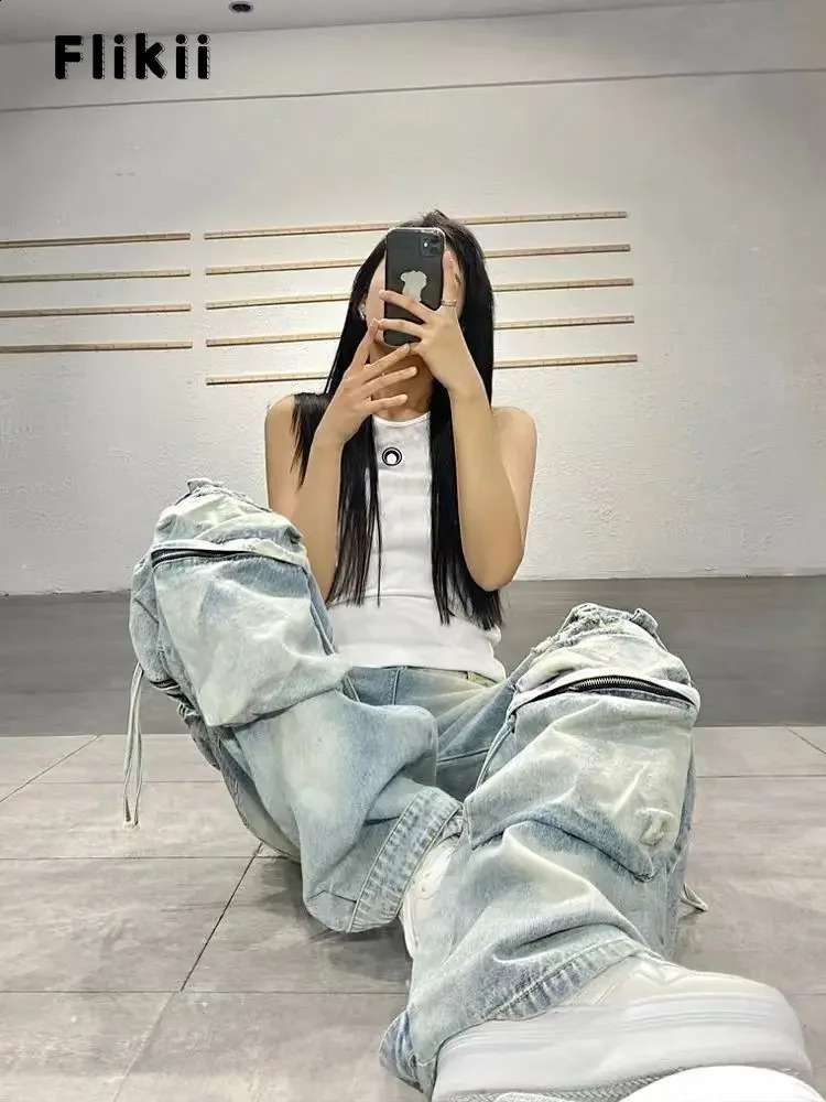 sweet Y2K Baggy 2000s Pockets Denim Trouser Women Vintage Casual Washed Pants Female Retro Waist High Street Trashy Jean Z260313