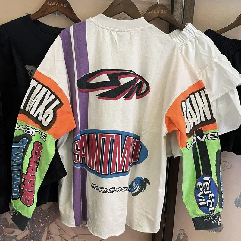 High Quality Cotton Oversized T Shirt Tee Men Women Streetwear Letter Graffiti Saint MOTOCLOSS Long Sleeved T-Shirt Tops 240823