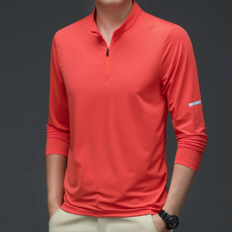 mens casual business Tshirt long sleeved solid color loose elastic top quick drying silk stand up collar style 240823