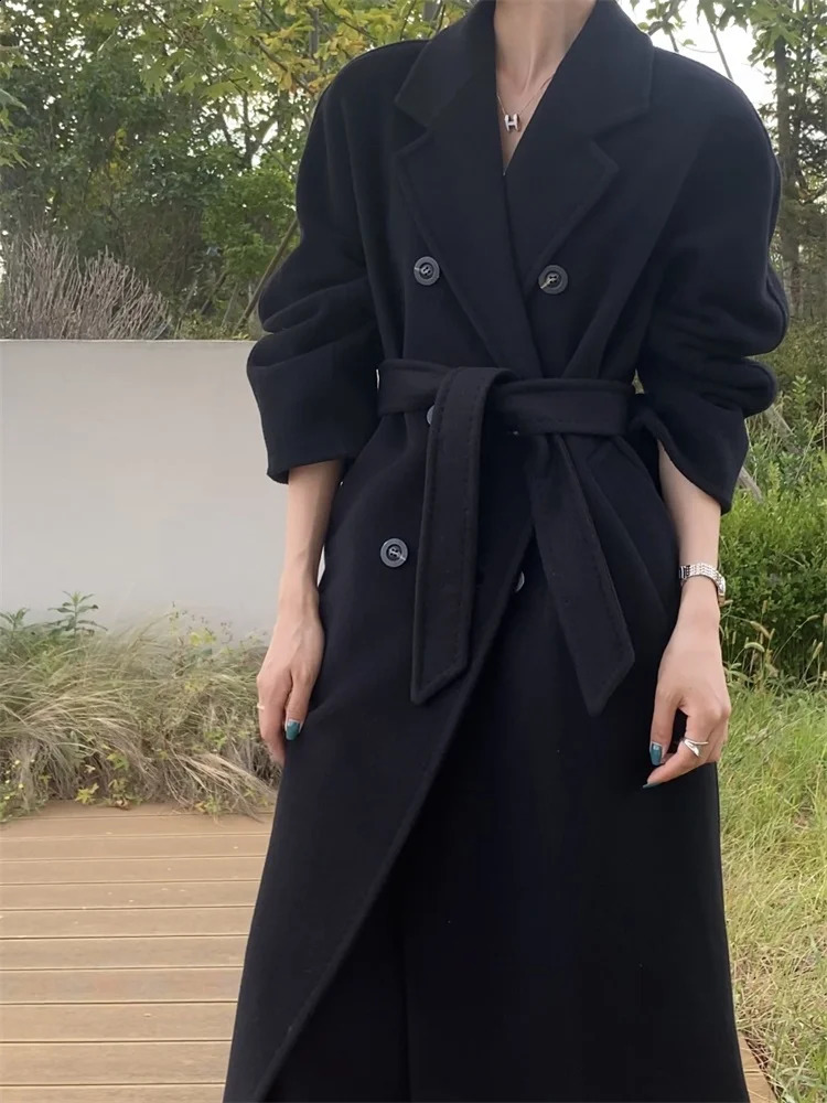High-end Double-sided Cashmere Coat Women Mid-length Fashion Thick Double-breasted Long Sleeve Woolen Coat Fit Autumn Winter 240822