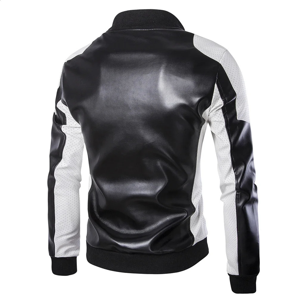 Men Stand Collar Coat Black White Color Matching Casual Leather Jacket Fashion Racing Clothing PU Leather Jacket 5XL-M 240822