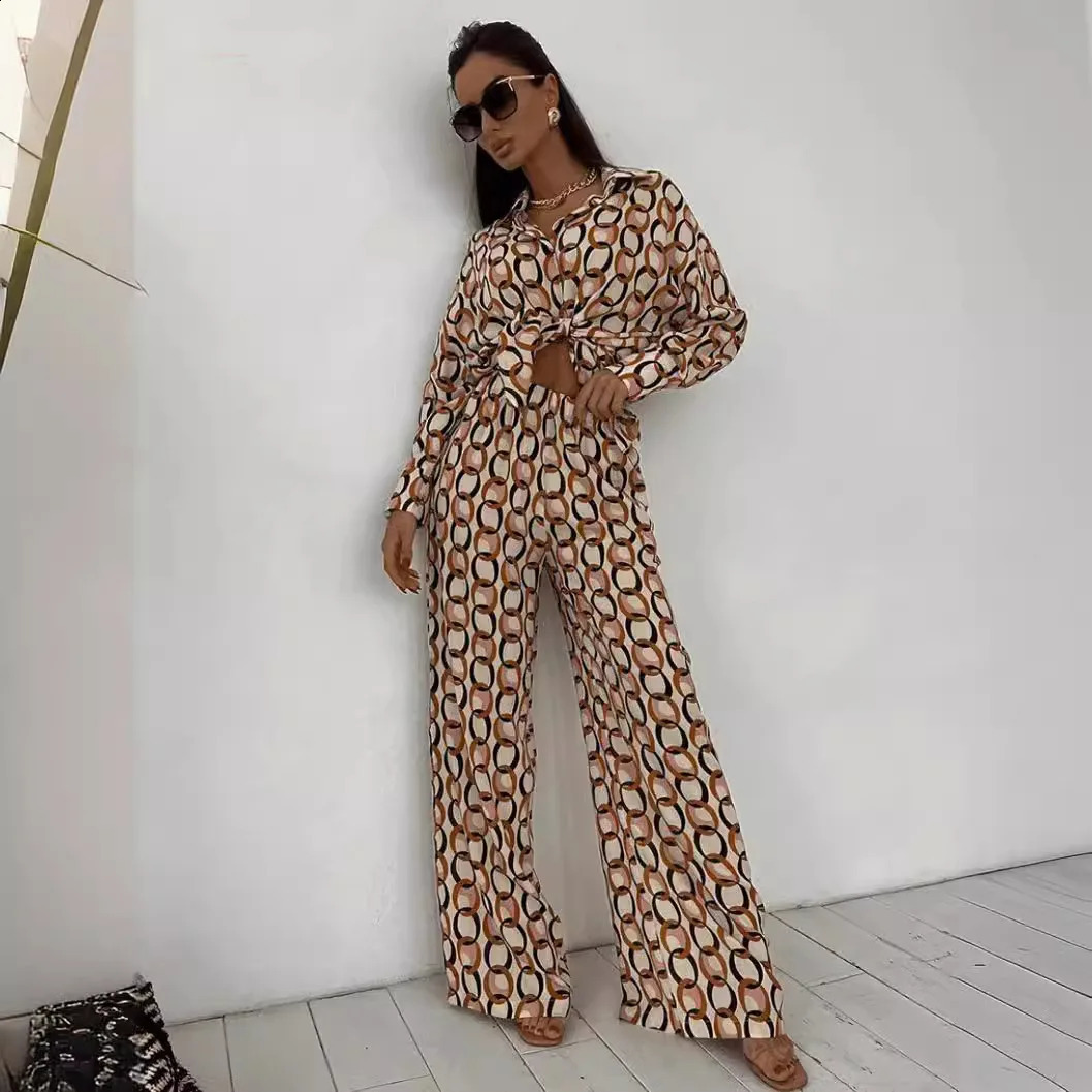 Women Two Piece Set Suit Tie-dye Print Long Sleeve Lapel ShirtElastic Waist Casual Wide Leg Pants Fashion Street Loose Outfits 240822