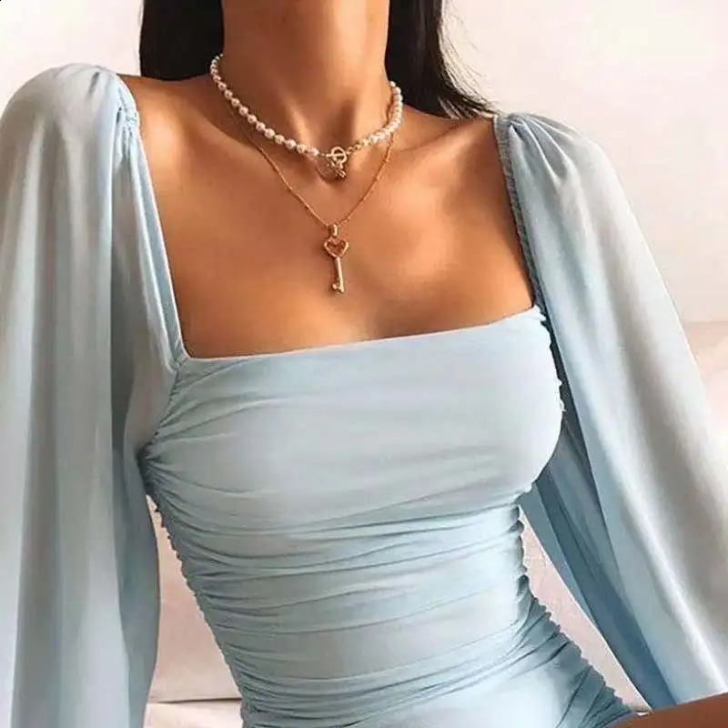 Womens Clothing Sexy Blue Flat Fitting Collar Lantern Sleeve Long Sleeve Sheath Dress Pleated Mini Dress Slim Bodycon 240823