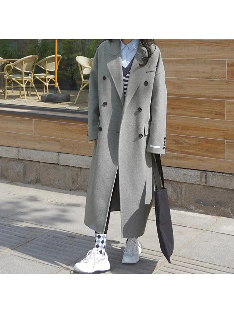 Winter Korean Style High-End Handmade Double Breasted Black Long 100% Wool Coat Women Lapel Loose Warmer Woolen Jacket 240822
