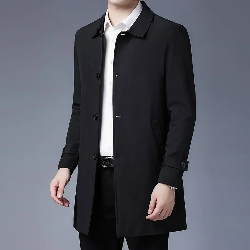 Mens Spring Jacket Arrival Mens Business Casual Black Khaki Long Jacket Top Quality Single Breasted Solid Trench Coat 240822