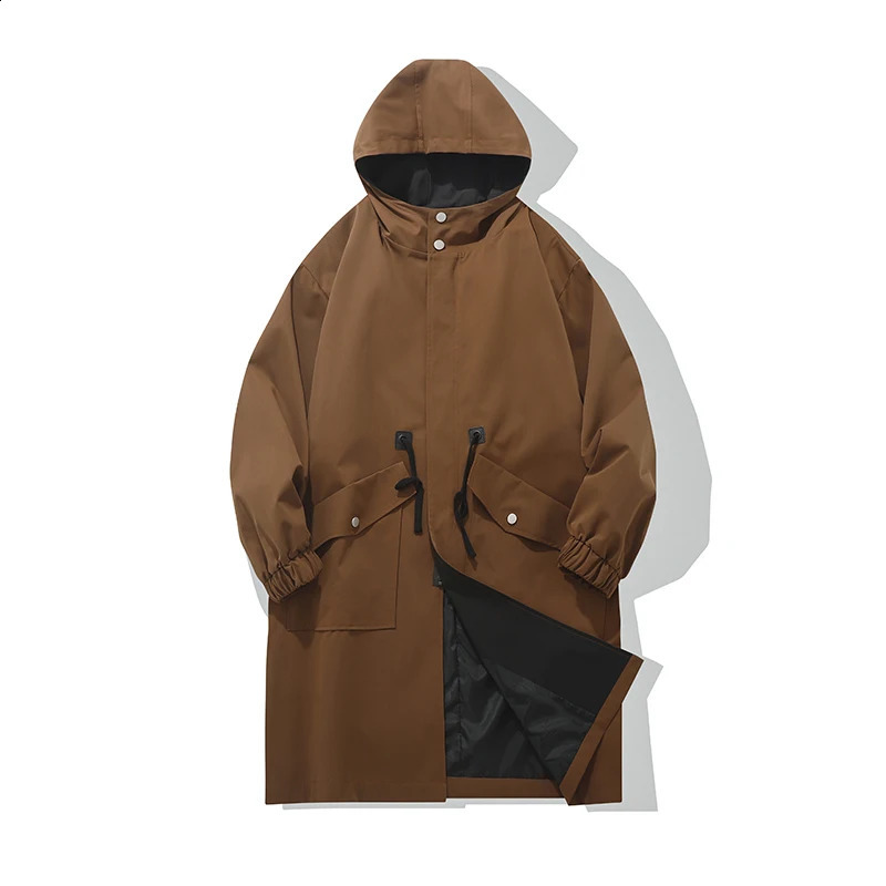 Autumn Trench Coat Men Windbreaker Hooded Jackets Harajuku Pocket Overcoat Men Clothing Outerwear Fashion Streetwear 240822