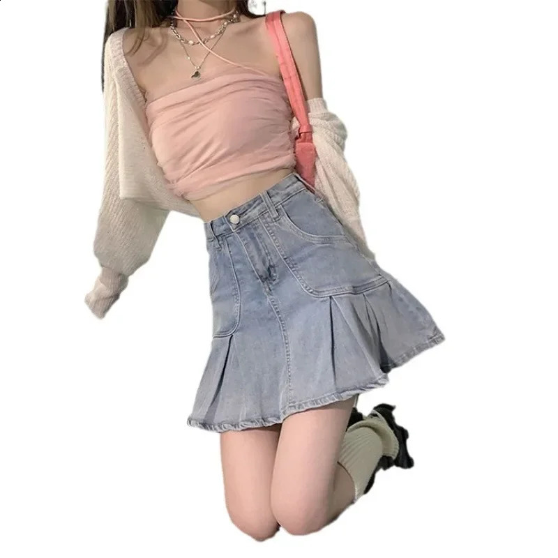 Summer Korean Style Preppy Sweetpuff Sleeveless Top High-waisted Denim Skirt 2-piece Set For Women 240823