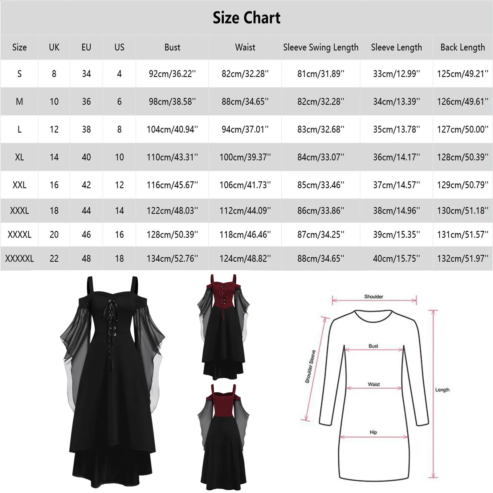Retro Gothic Dress Witch Halloween Costume Lace Strap Collar Long Horn Sleeves Womens Role Playing 240823