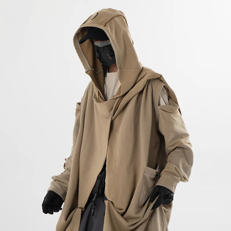 Ripped Hole Hip Hop Punk Trench Coat Destroyed Techwear Hooded Cloak Vagrant Style Vintage Long Jacket Cape For Men 240822