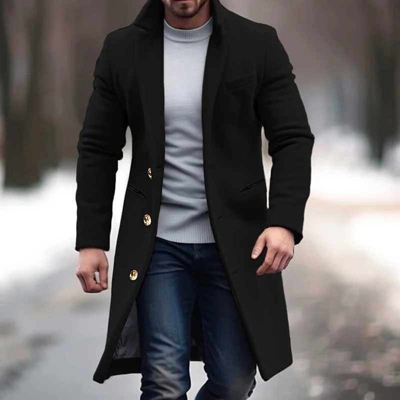 New mens mid length woolen coat winter mens single breasted wool coat 2024 mens suit collar solid color office pocket jacketXJ240822