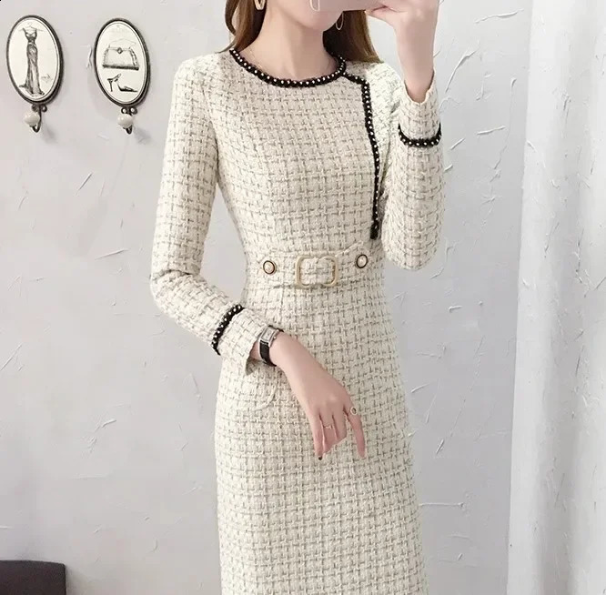 Arrival Winter Runway Long Sleeve Tweed Dress Autumn Elegant Ladies Office Vintage CasuNal Slim Dresses Vestidos H61 240823