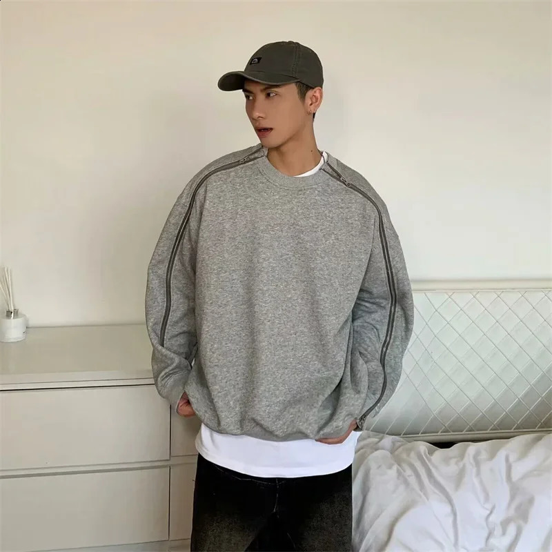Retro Zipper n O-neck Sweatshirts For Men Autumn Y2K Streetwear Gray Pullover Hoodies Loose Hip Hop Fashion Sweat-shirt 240823