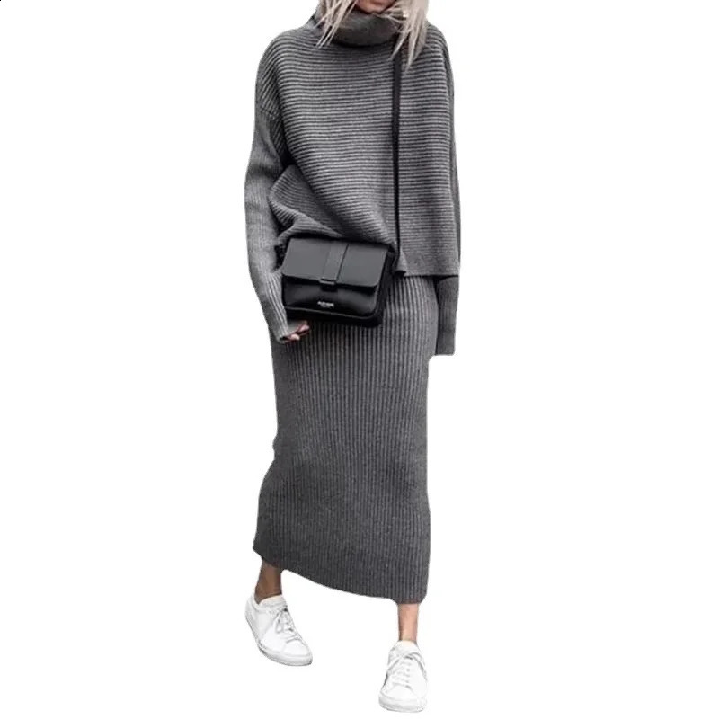 Two Piece Skirt Sets Knit Sweaters Spliced Full Sleeve Turtleneck Long Skirts Suits A Line Matching Set Solid Loose Fit Sports 240823