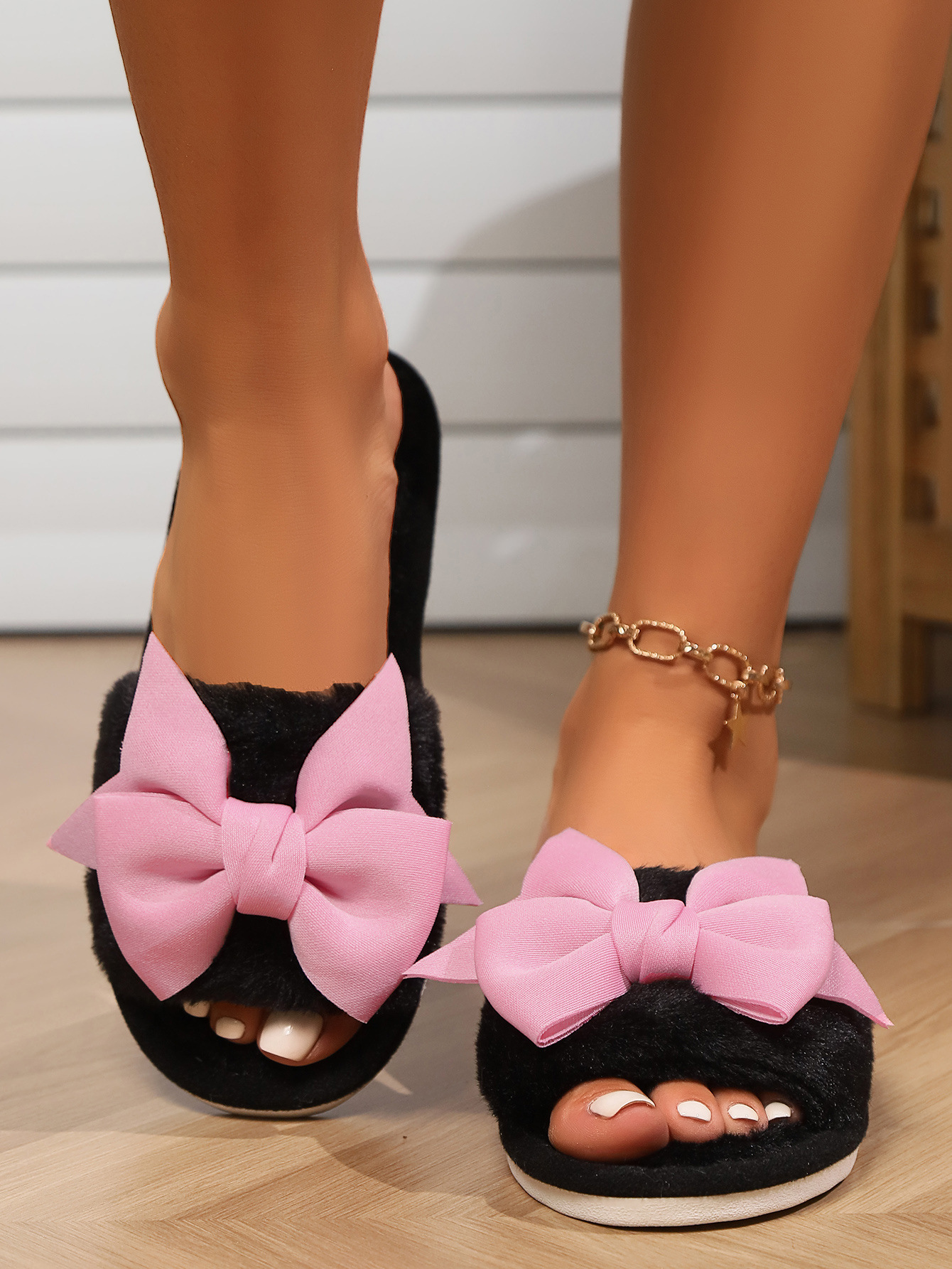 High quality slippers bow cotton Flat Fashion slippers women winter couple warm soft sole shoes indoor non-slip autumn cute slipper Black White 36-43