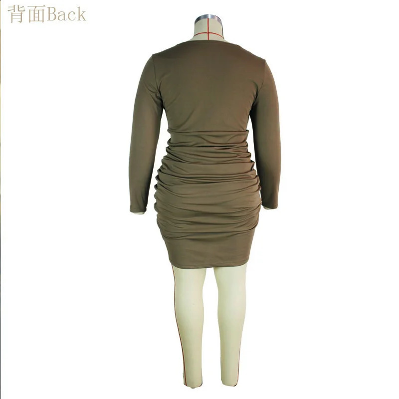 Plus Size Sexy Dress Womens Plus Solid Long Sleeve Sweetheart Neck Drawstring Ruched Medium Stretch Bodycon Mini Dress 240823