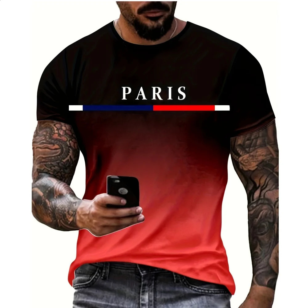 Fashionable mens Tshirt gradient color Paris graphic 3D printed casual short sleeved oversized top 240822