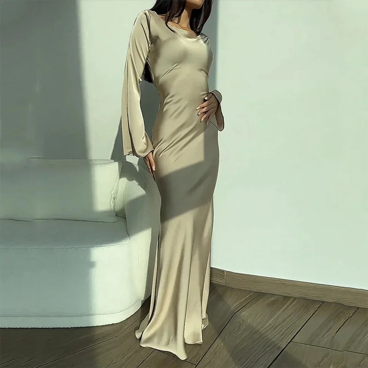 Women Maxi Dress Silk Long Round Neck Satin Flare Sleeve Lace Up Slim Skirt Evening Party Dresses Sexy Chic Robes 240823