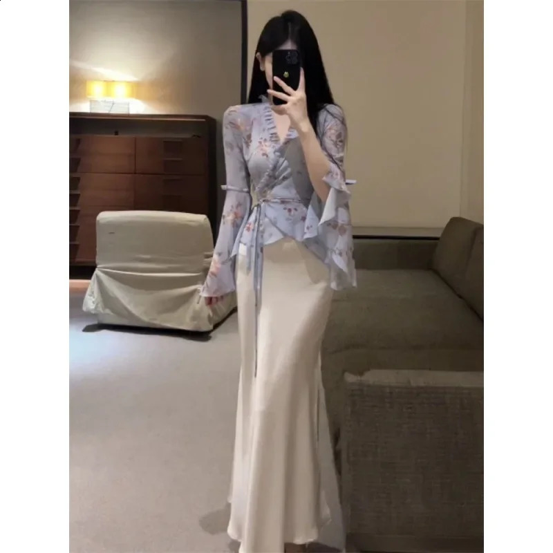 Elegant High-waisted Slimming Solid Color Top Side Slits Summer Fashion Versatile Skirt Set For Women 240823