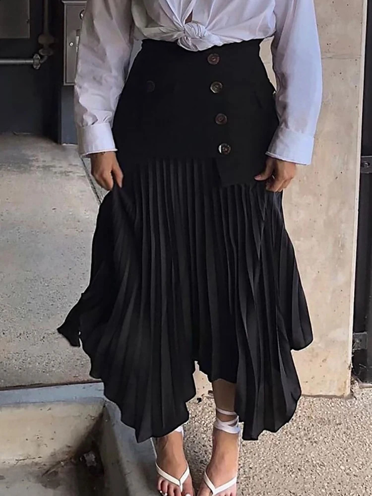 DEAT Fashion Womens Skirt High Waist Spliced Single Breasted Pleated Irregular Solid Color Long Skirts Spring 17A6142 240823