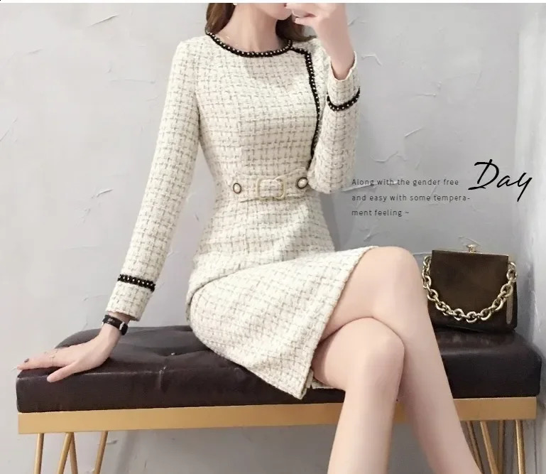 Arrival Winter Runway Long Sleeve Tweed Dress Autumn Elegant Ladies Office Vintage CasuNal Slim Dresses Vestidos H61 240823