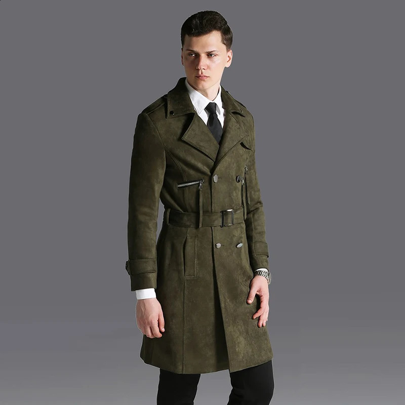 Men Autumn Casual Suede Trench Coat Spring Double Breasted Black Work Business Slim Fit Belted Army Green Trench Plus Size S-6XL 240822