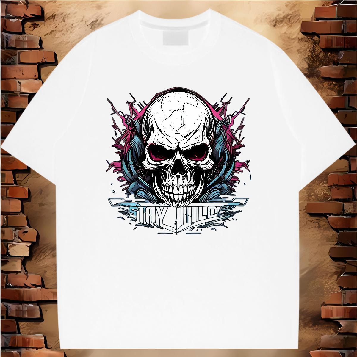 Cool T Shirt For Man 230g Pure Cotton skull Anime Printing Street Plus Size Cartoon Round Neck Short Sleeve Men Clothes T-Shirt Casual New Tops Tees