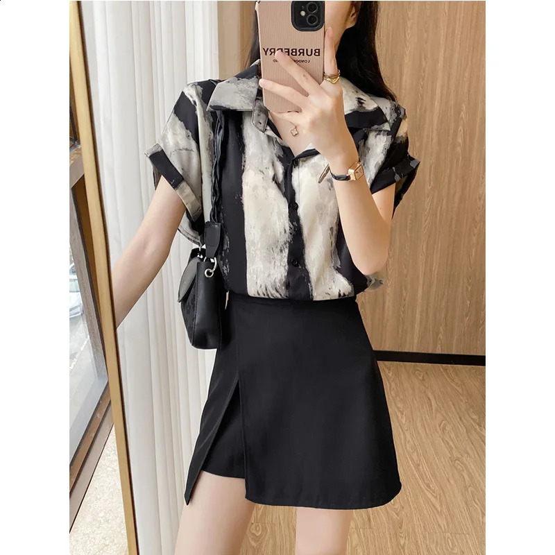 Summer Fashion Temperament Printing Blouse Irregular High Waist A-line Skirt Two-piece Suit Femme Trend Matching Sets 240823