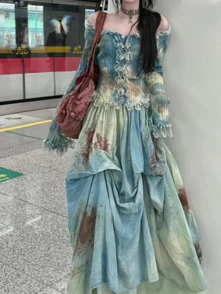 Elegant Vintage Tie Dye Slim Fit Fungus Long Sleeve Tops Women Y2k High Waist Ruched Skirts Two Piece Sets 240823
