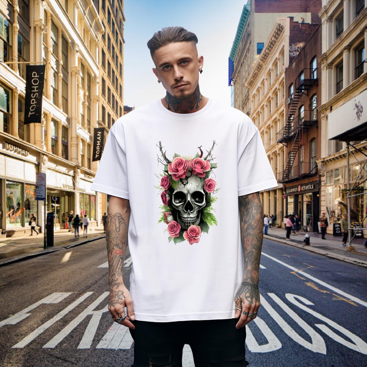 Wholesale Mens T Shirts 230g Cotton flower Street Customized Print Crew Neck Breathable Mens Tshirts 2024 DIY Tops