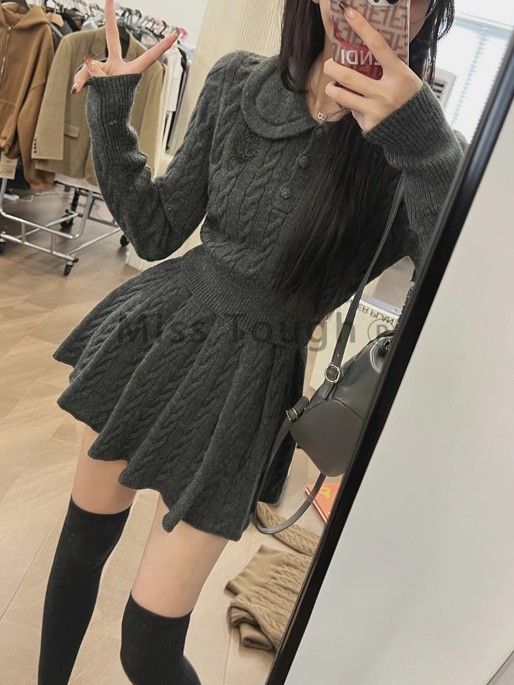 Winter Kawaii Knitted Two Piece Skirt Set Women Vintage Sweater Party Mini Skirt Suit Female Korean Fashion Sweet Retro Set 240823