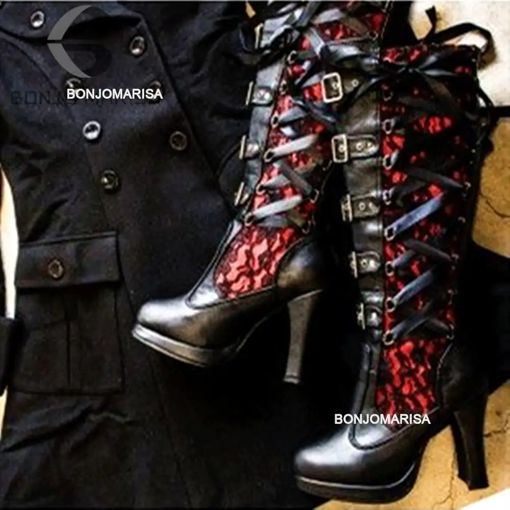 BONJOMARISA womens platform boots with straps short and chubby high heels mid calf boots narrow band bow knot Gothic shoes winter 240823