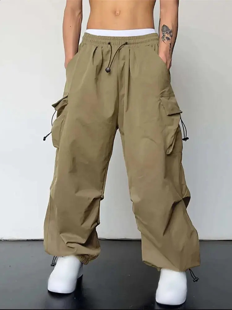 Commodity pants mens solid multi pocket Harajuku casual autumn and winter elastic waist loose street hiphop 240823