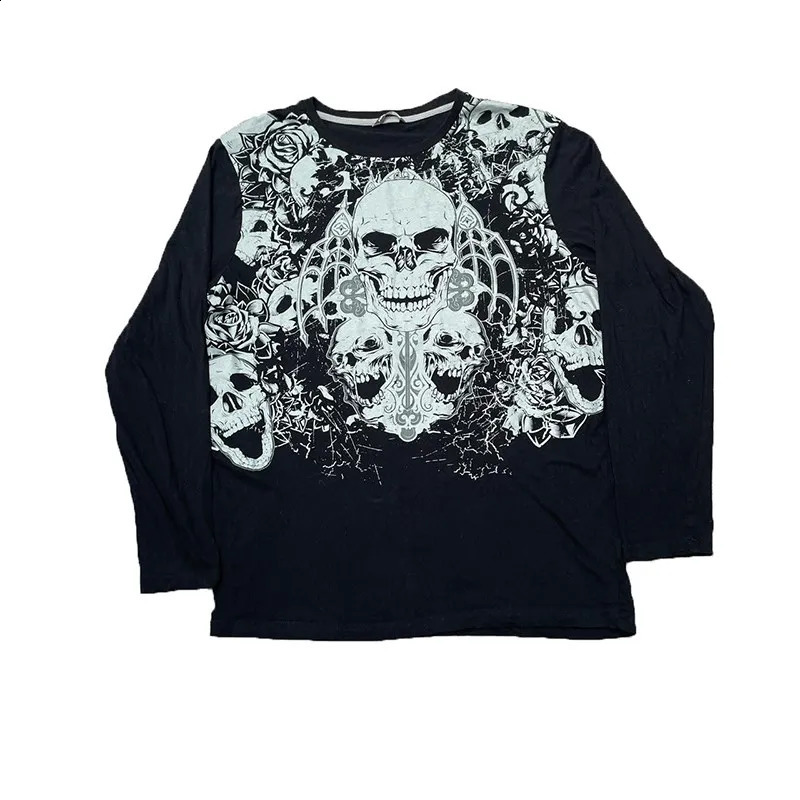 Y2K 90s retro long sleeved tshirt dark street hiphop punk round neck classic pattern casual loose Kpop clothing w240824