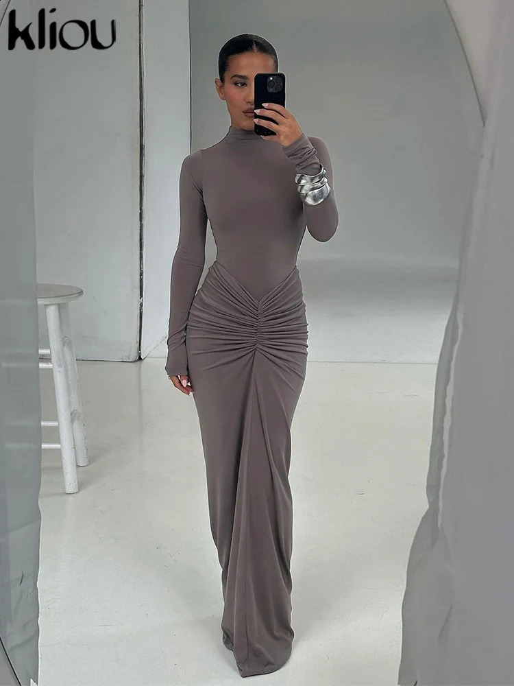 kliou Shirring Women Classic Maxi Dress Autumn Solid Long Sleeve High Collar Body-shaping Vestidos Mujer Concise Trend Robe 240823