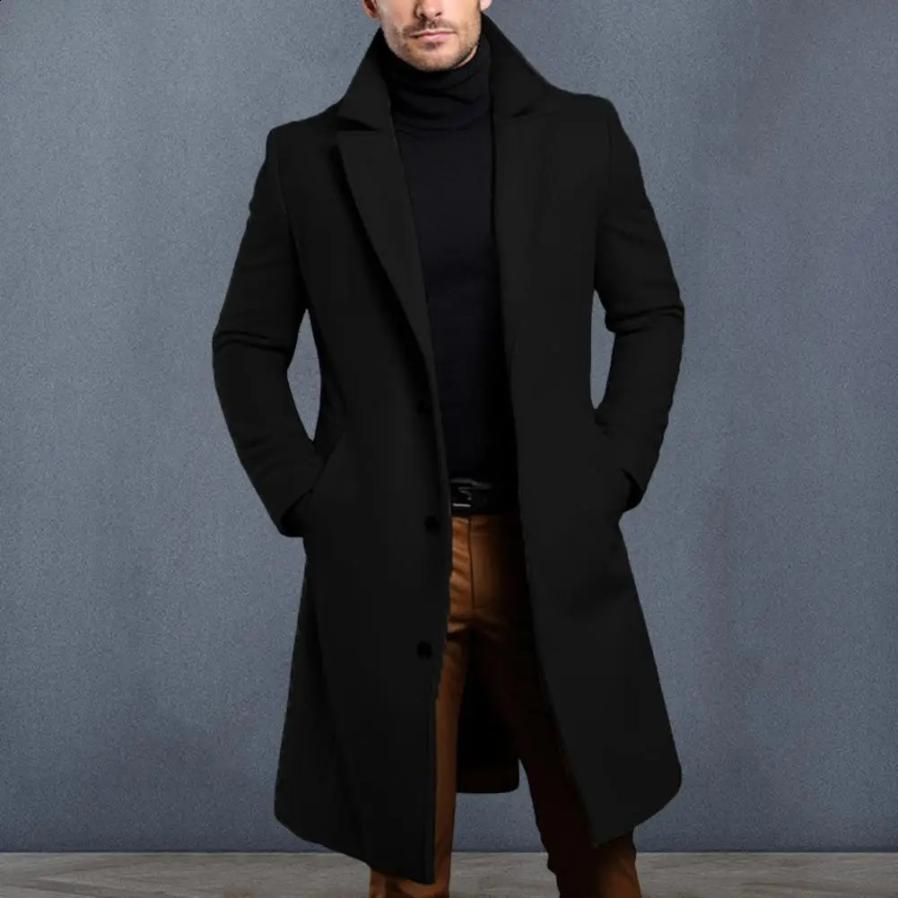 Men Woolen Coat Stylish Mens with Lapel Pockets for Autumn Winter Midlength Windbreaker Outwear Formal 240823 - view 5