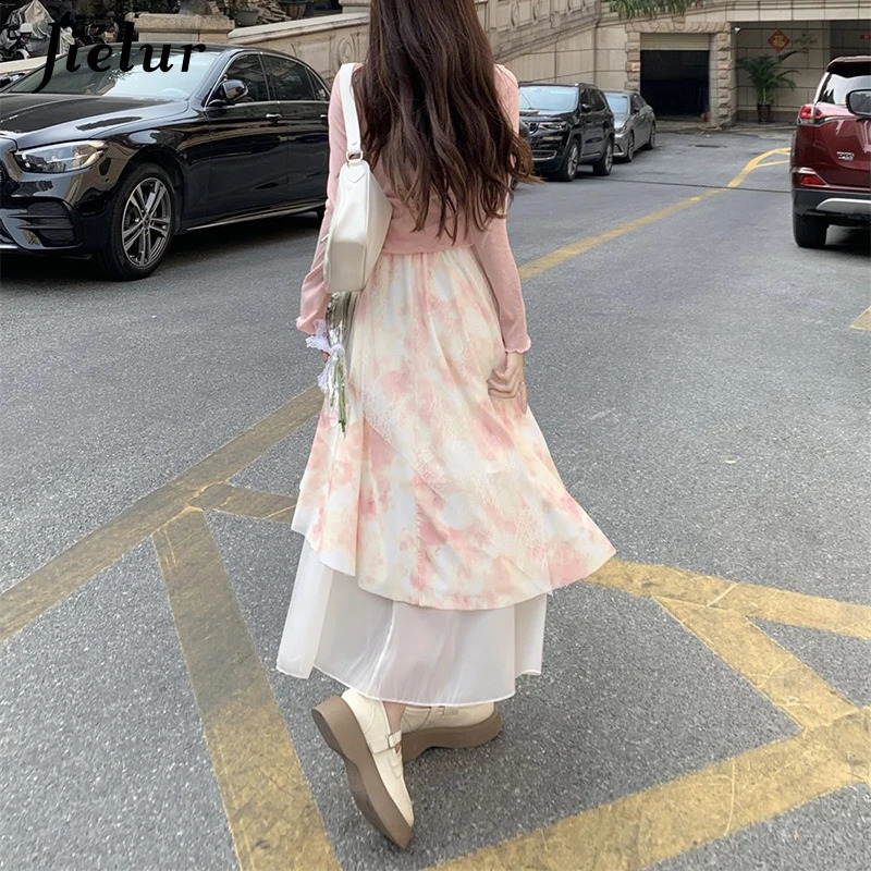 Jielur Spring Fashion Sweet Women Irregular Dress Retro Panel Long Sleeved Top Fragmented Flower Half Skirt Two Piece Set Dress 240823